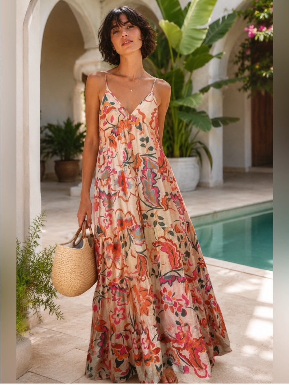 1. STATE  Floral Boho Coastal Chic Tiered Maxi Tropical Cocktail Formal Dress